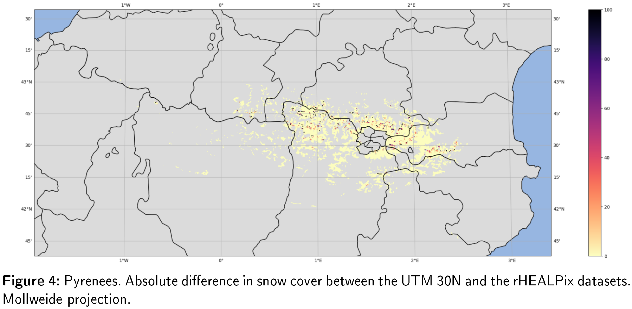 Figure 4: Pyrenees. Absolute difference in snow cover between the UTM 30N and the rHEALPix datasets. Mollweide projection.